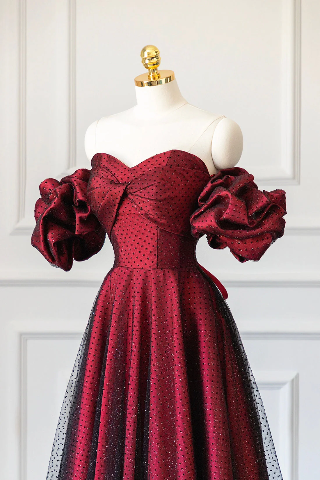 Vintage A line Off The Shoulder Burgundy Tulle Long Evening Dress Prom Dresses
