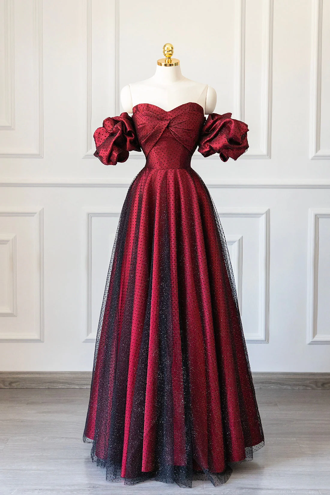 Vintage A line Off The Shoulder Burgundy Tulle Long Evening Dress Prom Dresses