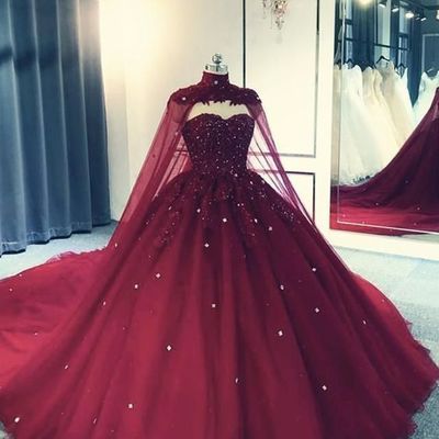 Elegant Hot Ball Gown Lace Burgundy Quinceanera Dresses With Cape Long Prom Dresses