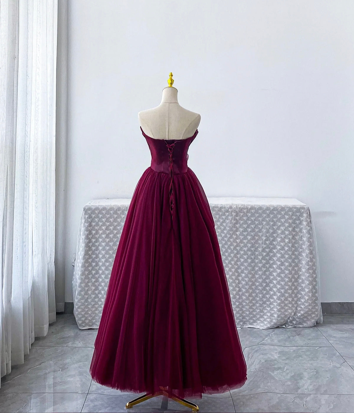 Vintage A line Strapless Burgundy Tulle Evening Dress Prom Dresses