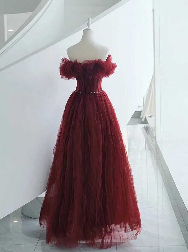 Vintage A line Off The Shoulder Burgundy Tulle Evening Dress Prom Dresses
