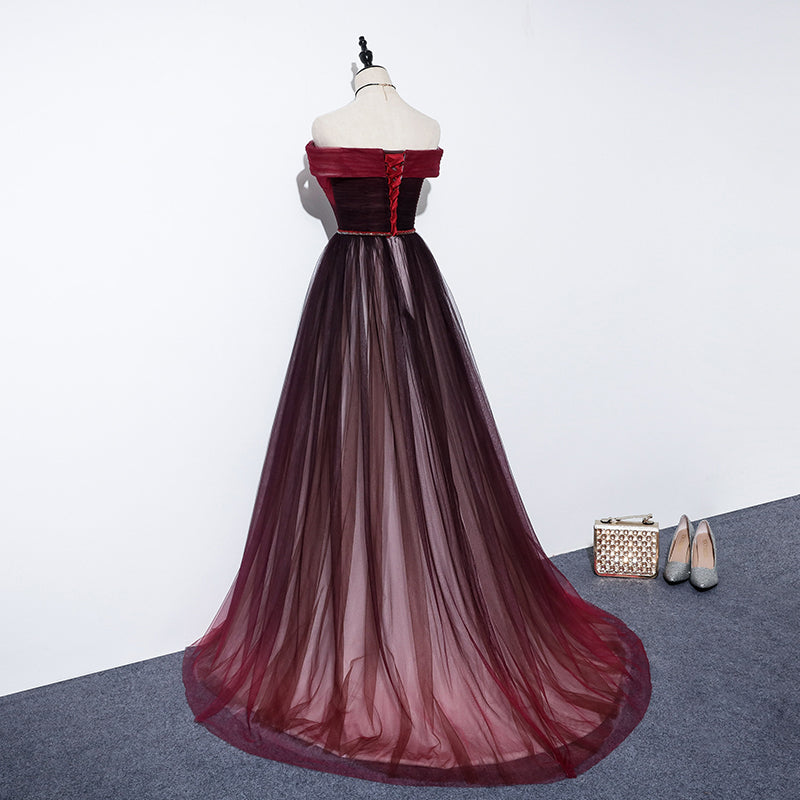 Vintage A line Off The Shoulder Burgundy Tulle Evening Dress Prom Dress