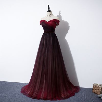 Vintage A line Off The Shoulder Burgundy Tulle Evening Dress Prom Dress