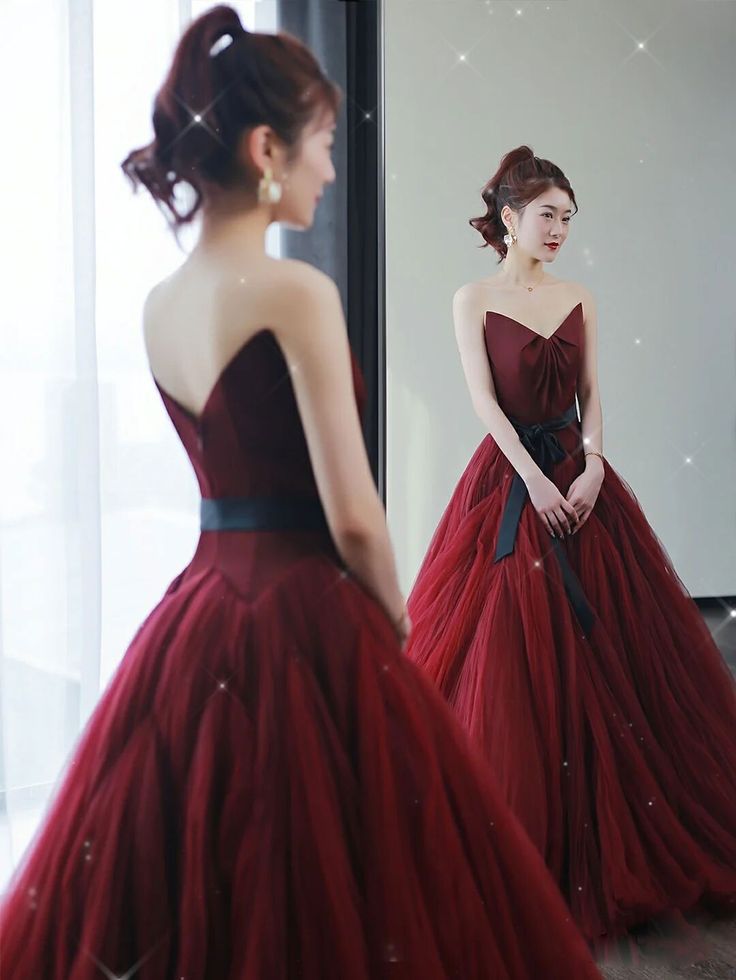 Vintage Ball Gown Strapless Burgundy Tulle Evening Dress Prom Dress