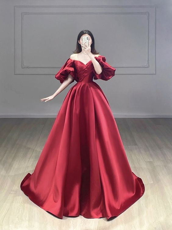 Vintage Ball Gown Off The Shoulder Burgundy Satin Evening Dress Prom Dress