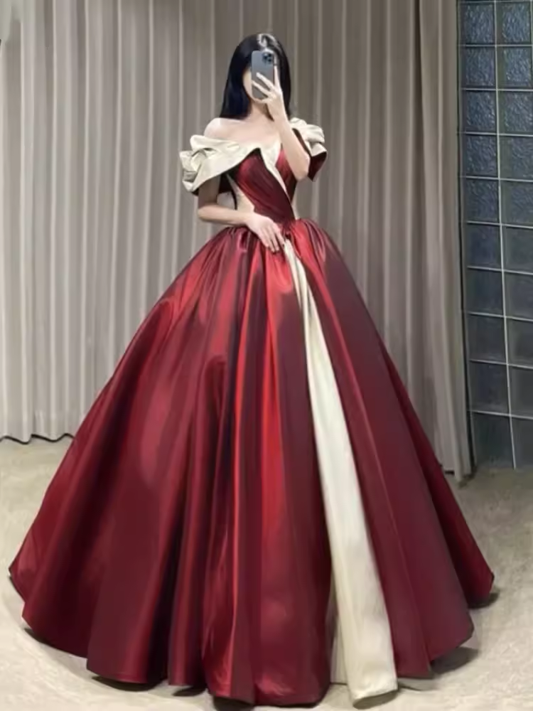 Ball Gown Off The Shoulder Satin Burgundy Long Prom Dresses