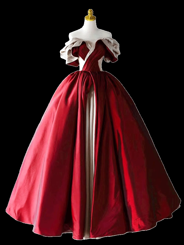 Ball Gown Off The Shoulder Satin Burgundy Long Prom Dresses