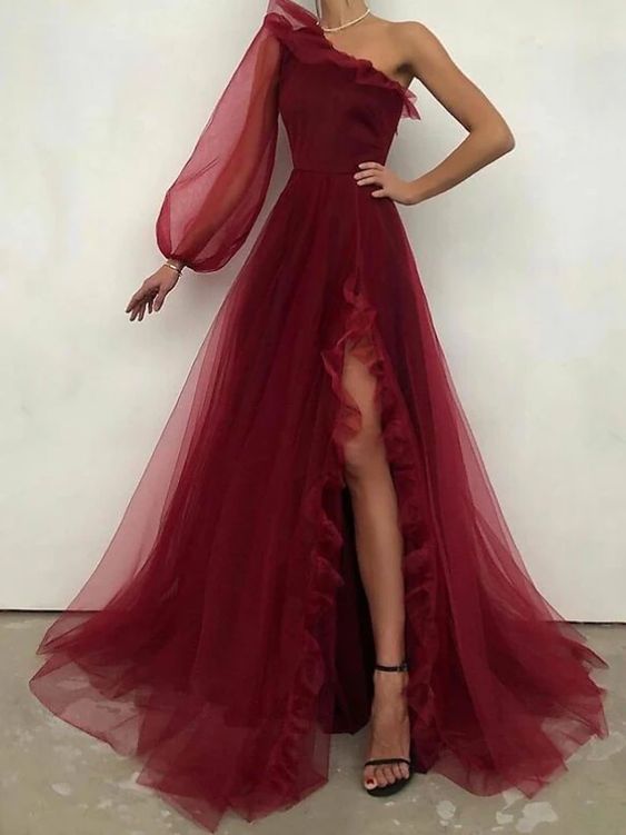 Vintage A line One Shoulder Long Sleeve Burgundy Slit Evening Dress Prom Dress