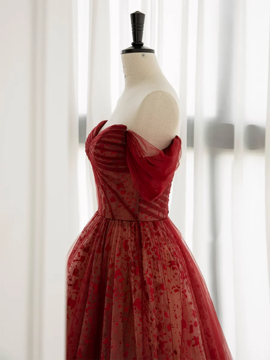 Vintage A line Off The Shoulder Burgundy Tulle Evening Dress Prom Dress
