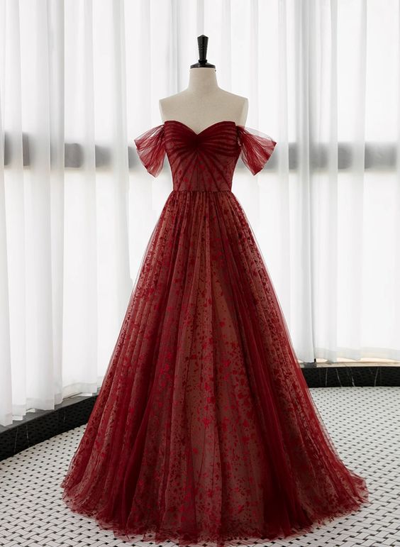 Vintage A line Off The Shoulder Burgundy Tulle Evening Dress Prom Dress
