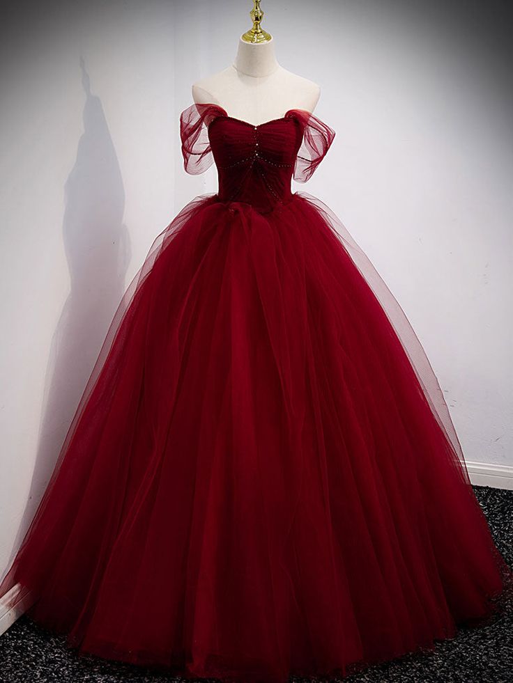 Puffy Ball Gown Burgundy Long Red Prom Dress For Formal Prom Dresses