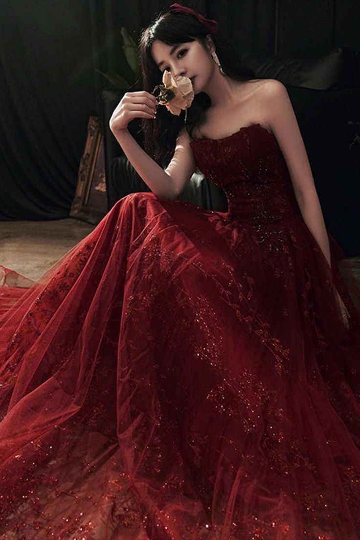 Burgundy Tulle Long Lace Prom Dresses, Wine Red Tulle Long Lace Formal Evening Dress