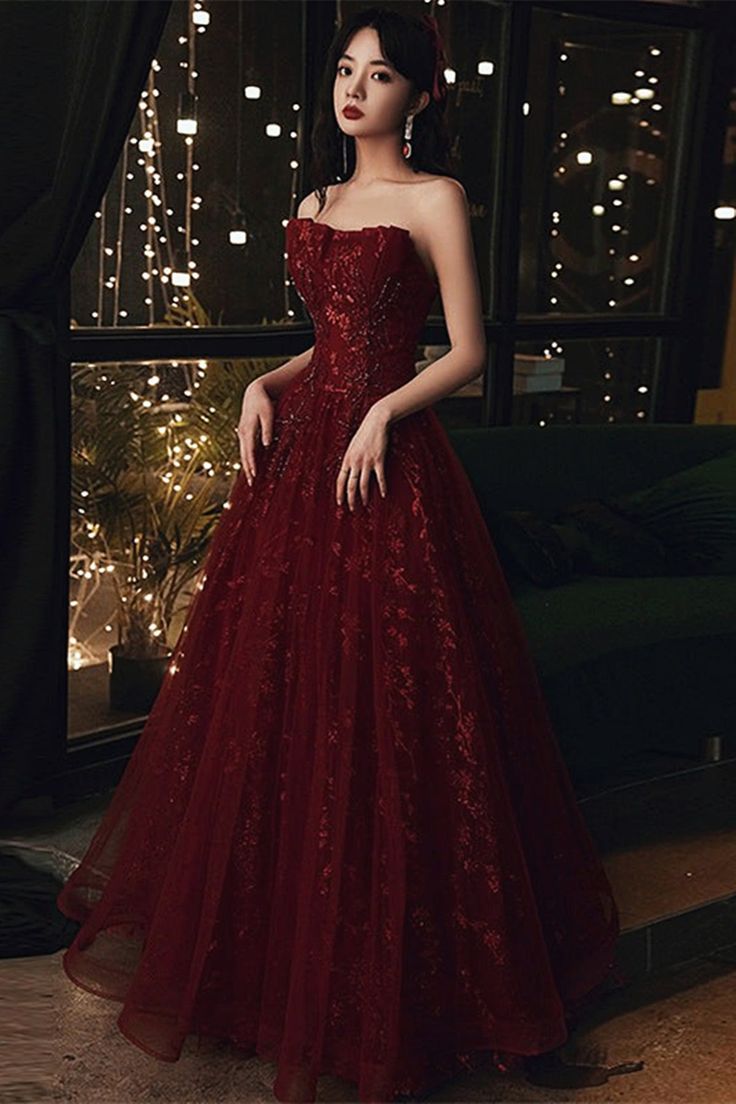 Burgundy Tulle Long Lace Prom Dresses, Wine Red Tulle Long Lace Formal Evening Dress