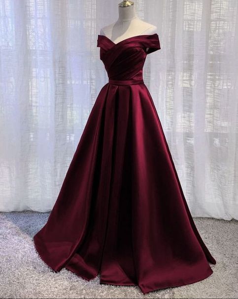 Vintage A line Off The Shoulder Burgundy Satin Evening Dress Prom Dress