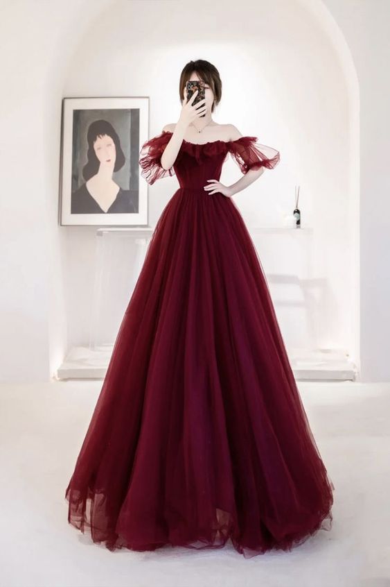 Burgundy Tulle Long Prom Dresses Wine Red Tulle Formal Evening Dress