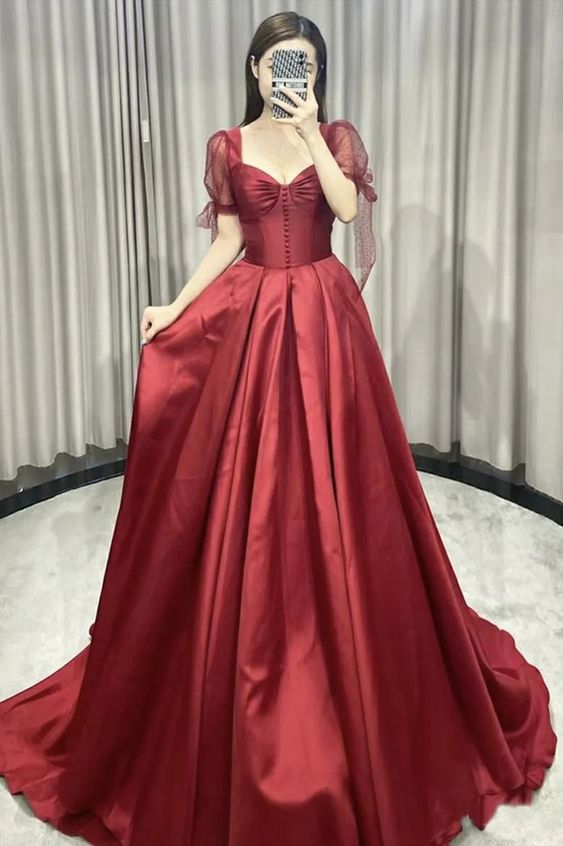 Vintage A line Sweetheart Burgundy Satin Evening Dress Prom Dress