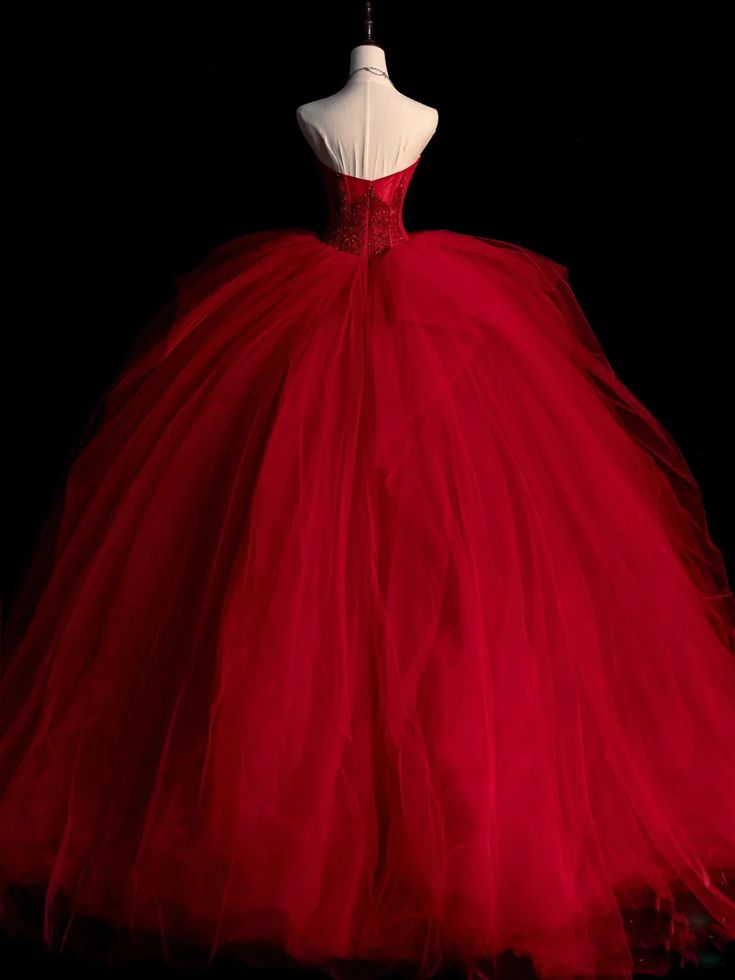 Vintage Ball Gown Strapless Burgundy Tulle Evening Dress Prom Dress