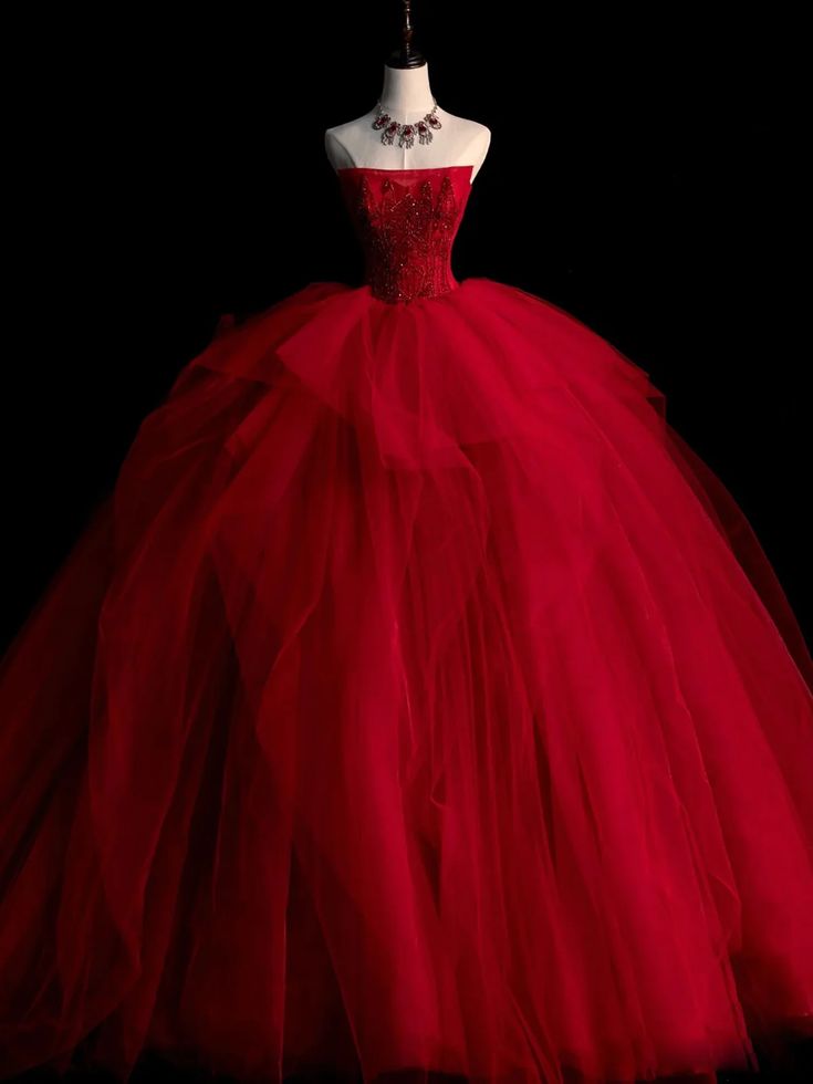 Vintage Ball Gown Strapless Burgundy Tulle Evening Dress Prom Dress