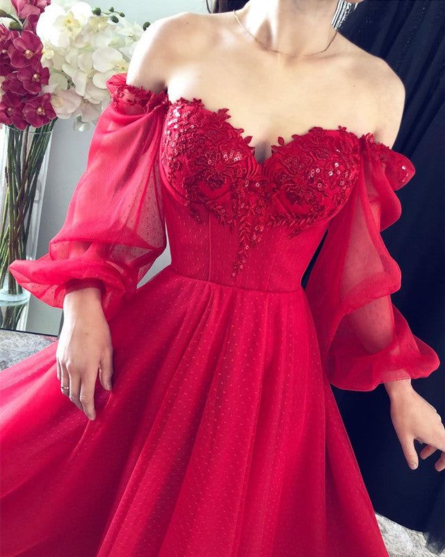 Cute A Line Long Sleeves Red Burgundy Tulle Ankle Length Prom Dress