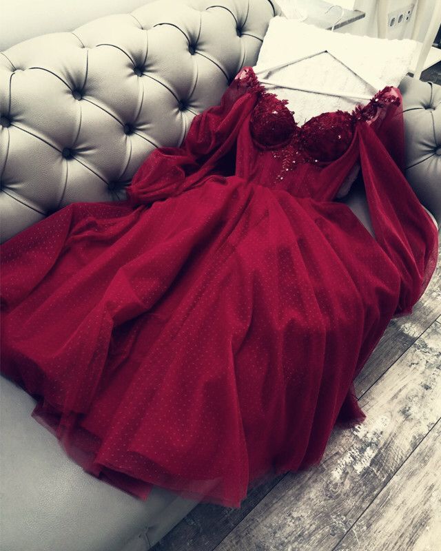 Cute A Line Long Sleeves Red Burgundy Tulle Ankle Length Prom Dress