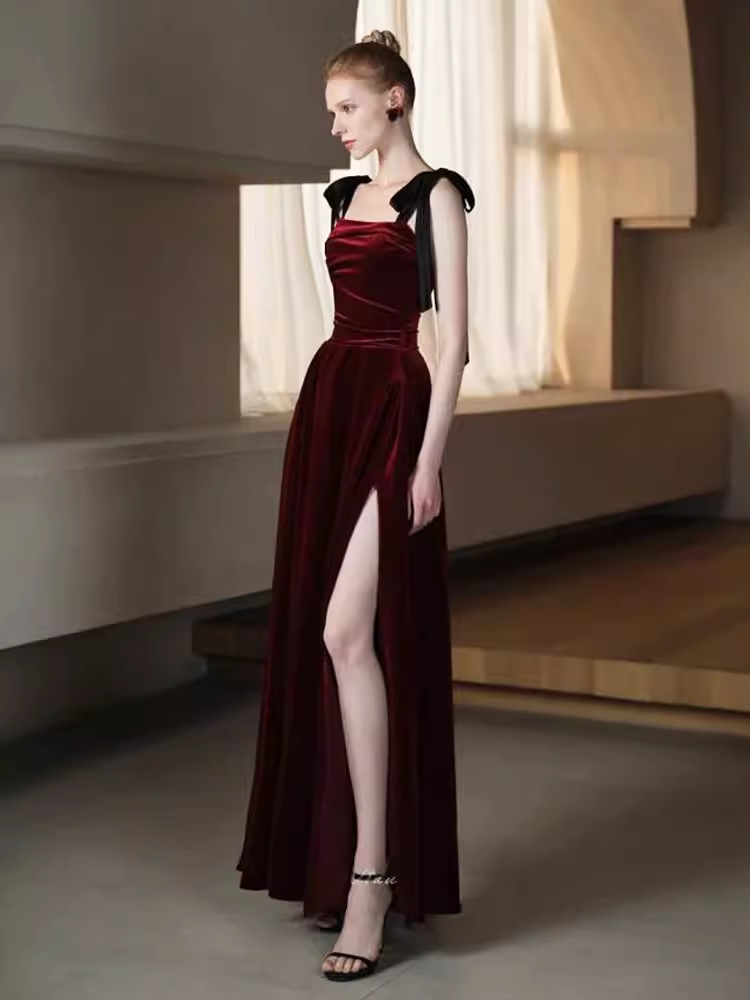 Simple A Line Burgundy Velvet Long Prom Dresses
