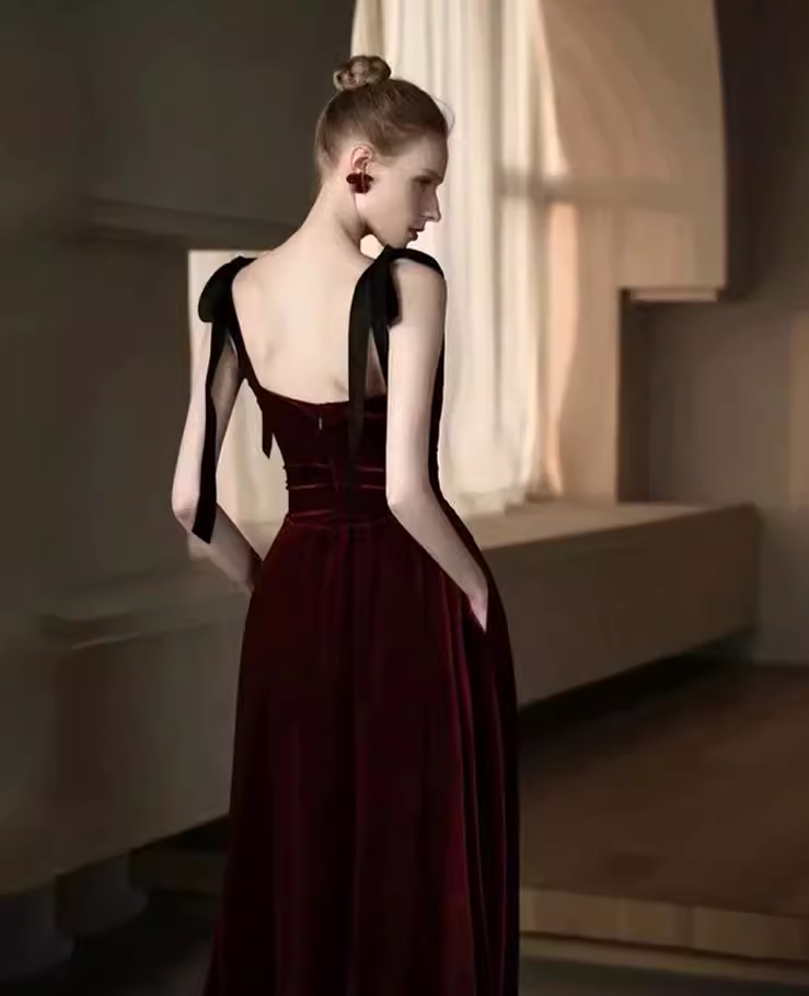 Simple A Line Burgundy Velvet Long Prom Dresses