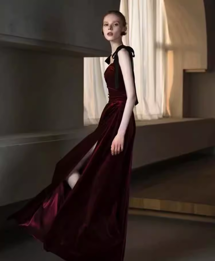 Simple A Line Burgundy Velvet Long Prom Dresses