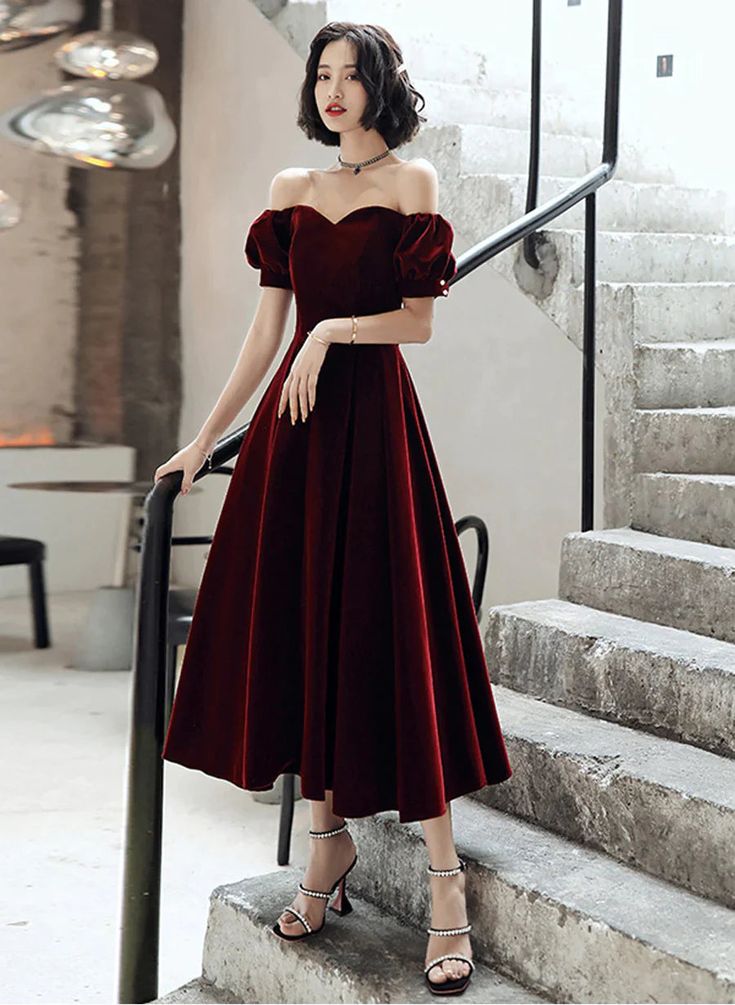 Vintage A Line Off The Shoulder Burgundy Velvet Evening Dress Prom Dress