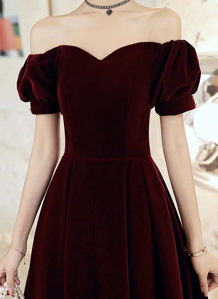 Vintage A Line Off The Shoulder Burgundy Velvet Evening Dress Prom Dress