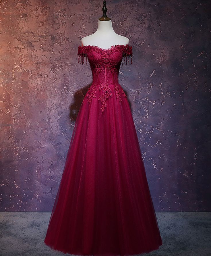 Vintage A Line Off The Shoulder Burgundy Tulle Evening Dress Prom Dress