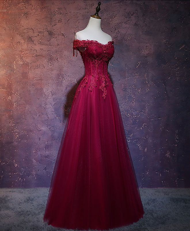 Vintage A Line Off The Shoulder Burgundy Tulle Evening Dress Prom Dress