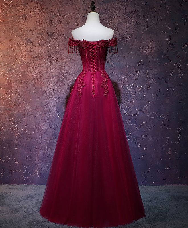 Vintage A Line Off The Shoulder Burgundy Tulle Evening Dress Prom Dress