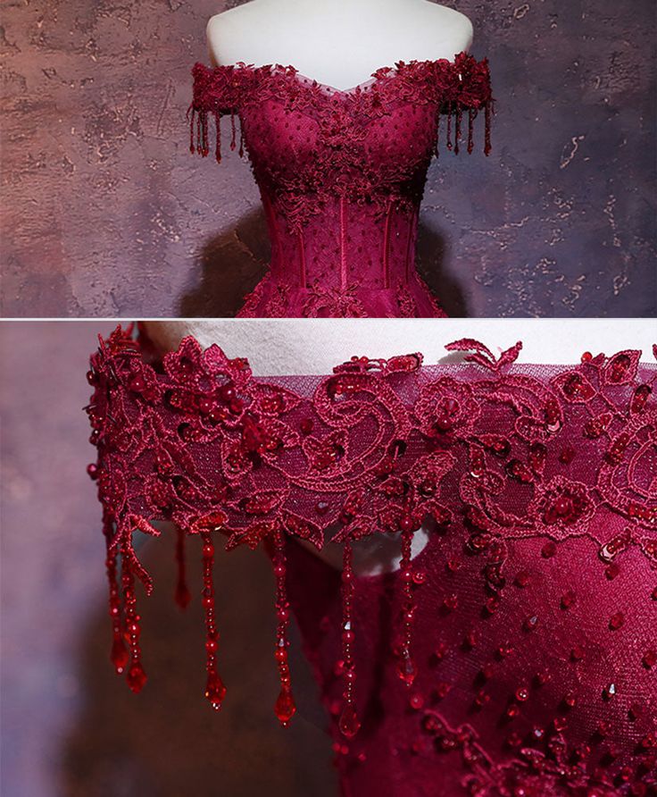 Vintage A Line Off The Shoulder Burgundy Tulle Evening Dress Prom Dress