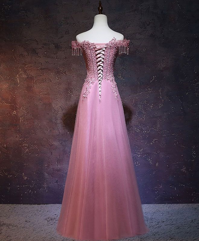 Vintage A Line Off The Shoulder Pink Tulle Evening Dress Prom Dress