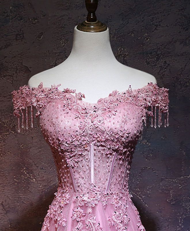 Vintage A Line Off The Shoulder Pink Tulle Evening Dress Prom Dress