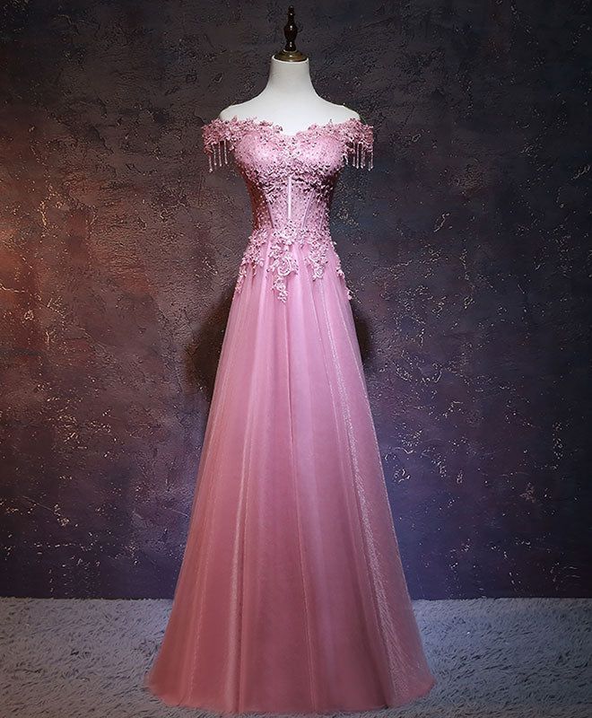Vintage A Line Off The Shoulder Pink Tulle Evening Dress Prom Dress