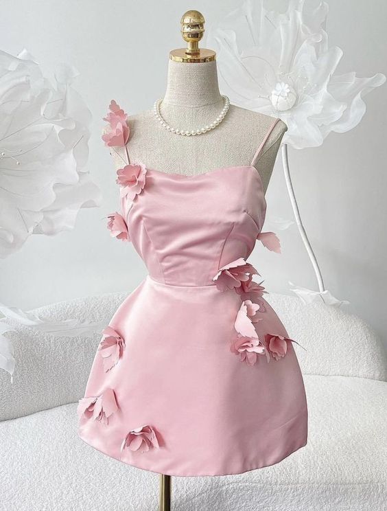 Cute A line Spaghetti Straps Satin Pink Homecoming Dress Party Dress