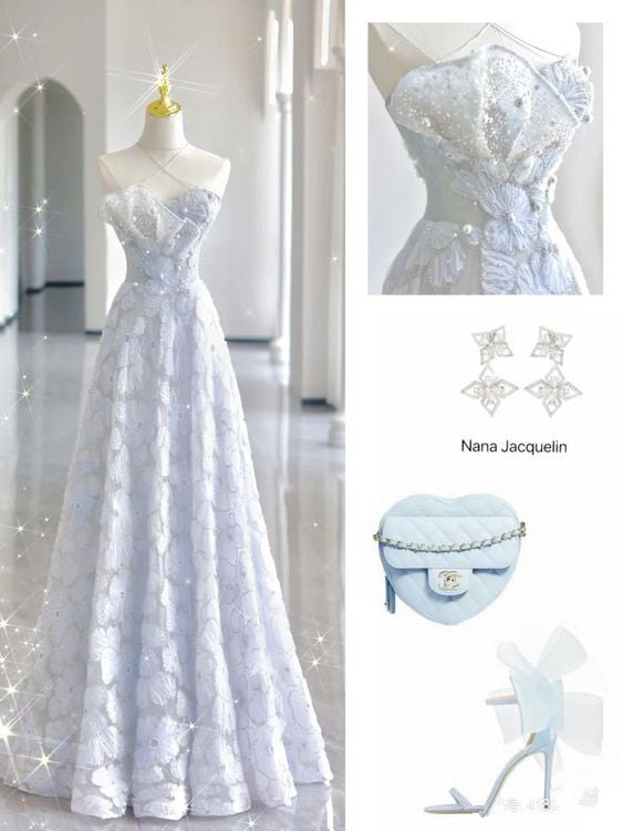 Simple A Line Halter Sleeveless Light Sky Blue Lace Long Prom Dress