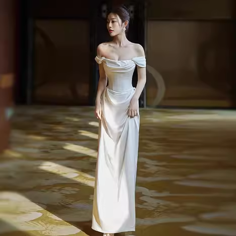 Vintage A line Off The Shoulder White Long Satin Wedding Dresses