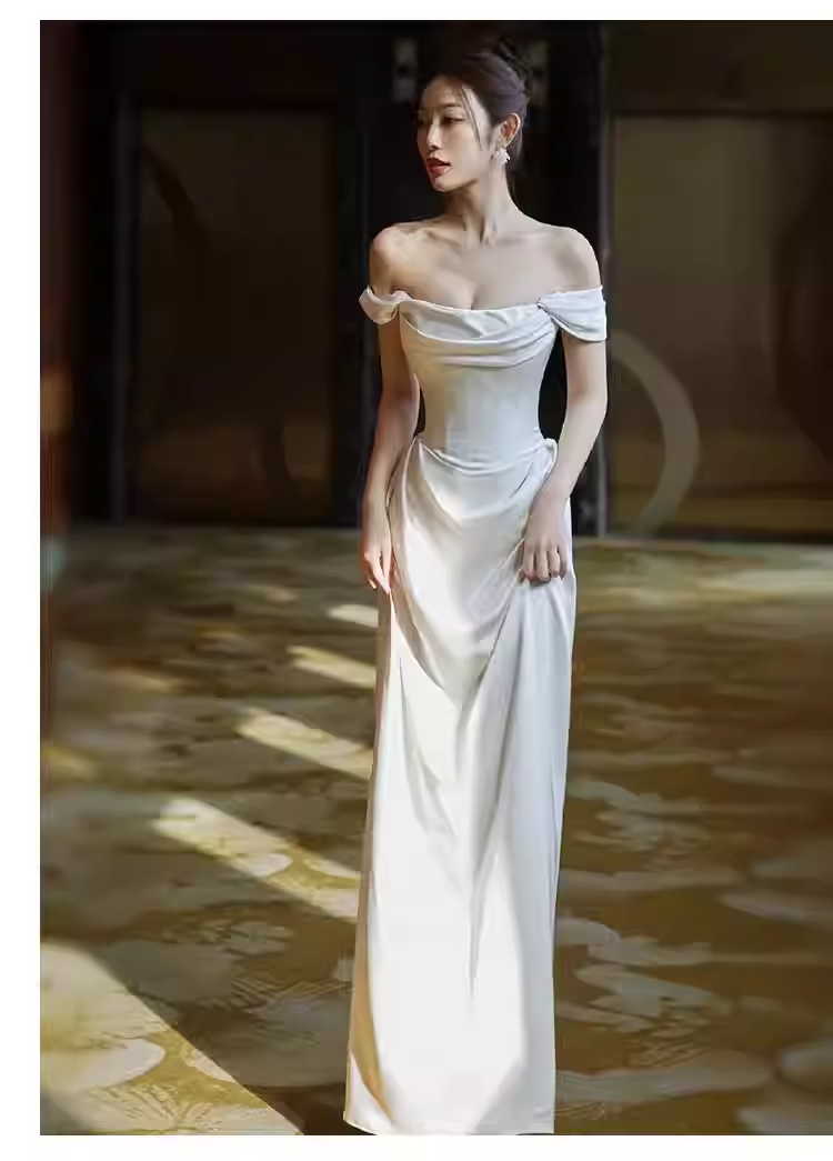 Vintage A line Off The Shoulder White Long Satin Wedding Dresses
