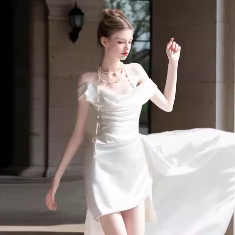 Vintage High Low Off The Shoulder White Satin Wedding Dresses