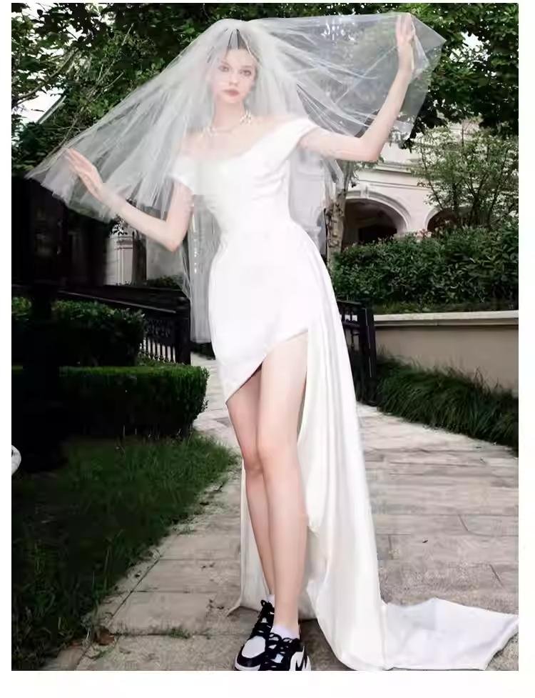 Vintage High Low Off The Shoulder White Satin Wedding Dresses
