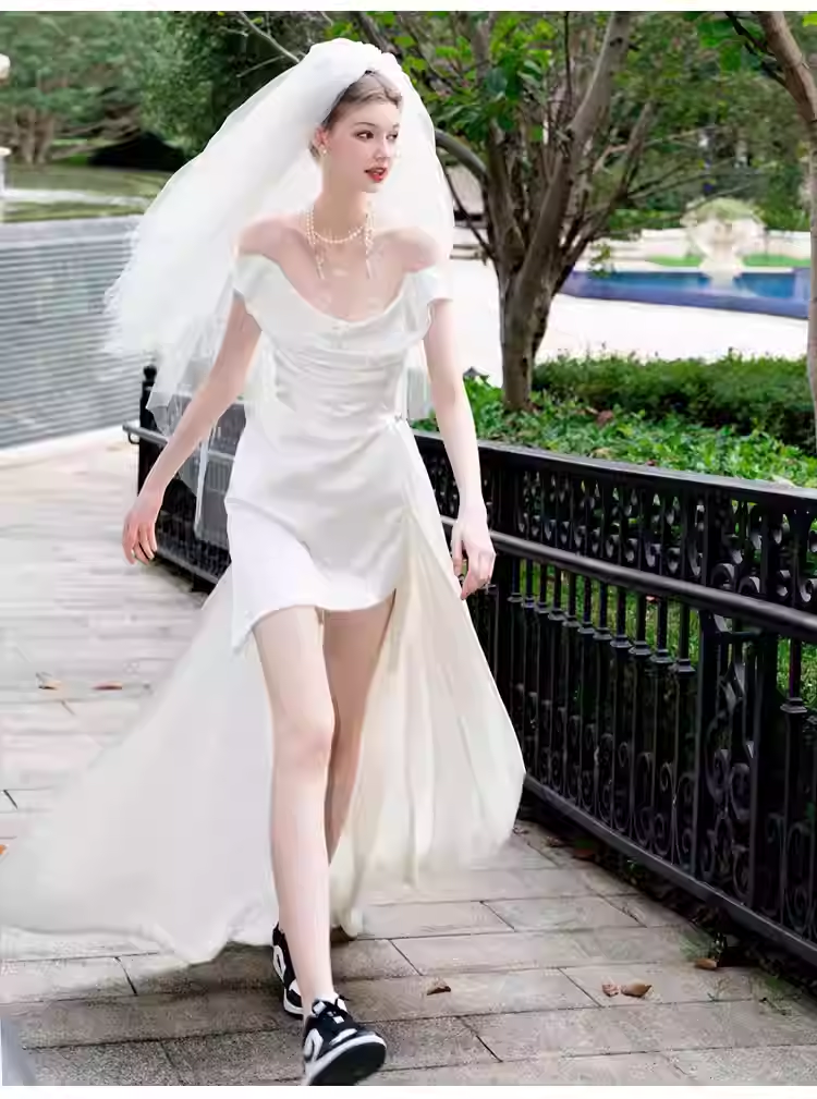 Vintage High Low Off The Shoulder White Satin Wedding Dresses