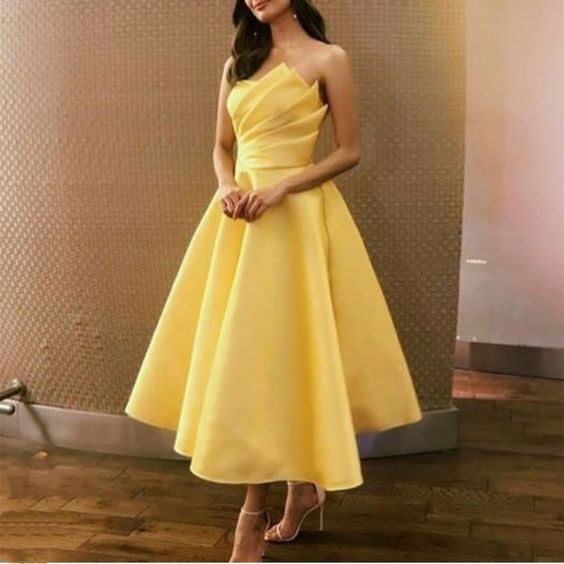 Ball Gown Strapless Satin Yellow Ankle Length Homecoming Dress Birthday Dresses