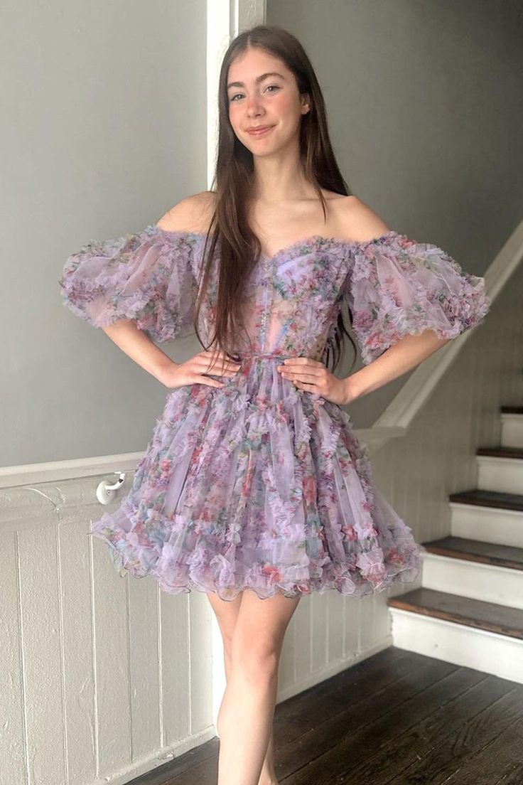 Cute A Line Off the Shoulder Printed Homecoming Dress Party Dress