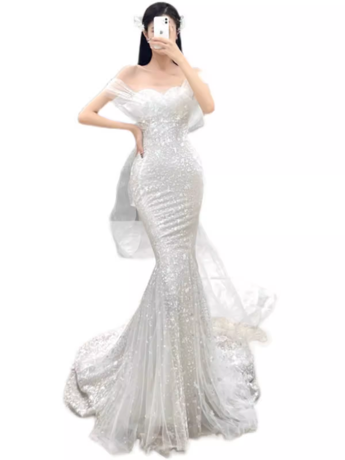Fairytale Mermaid Off The Shoulder Long Sequin White Wedding Dresses
