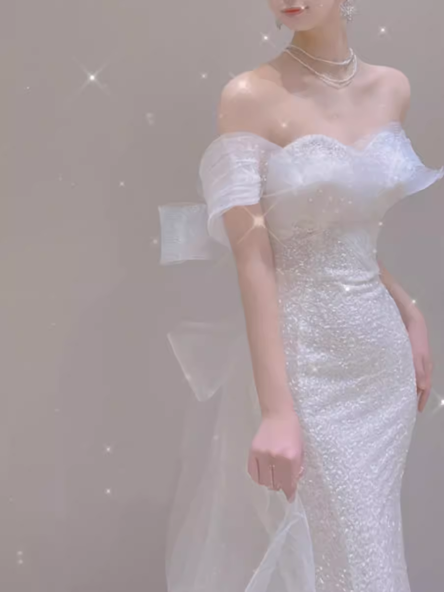 Fairytale Mermaid Off The Shoulder Short Sleeves Sequin Wedding Dresses