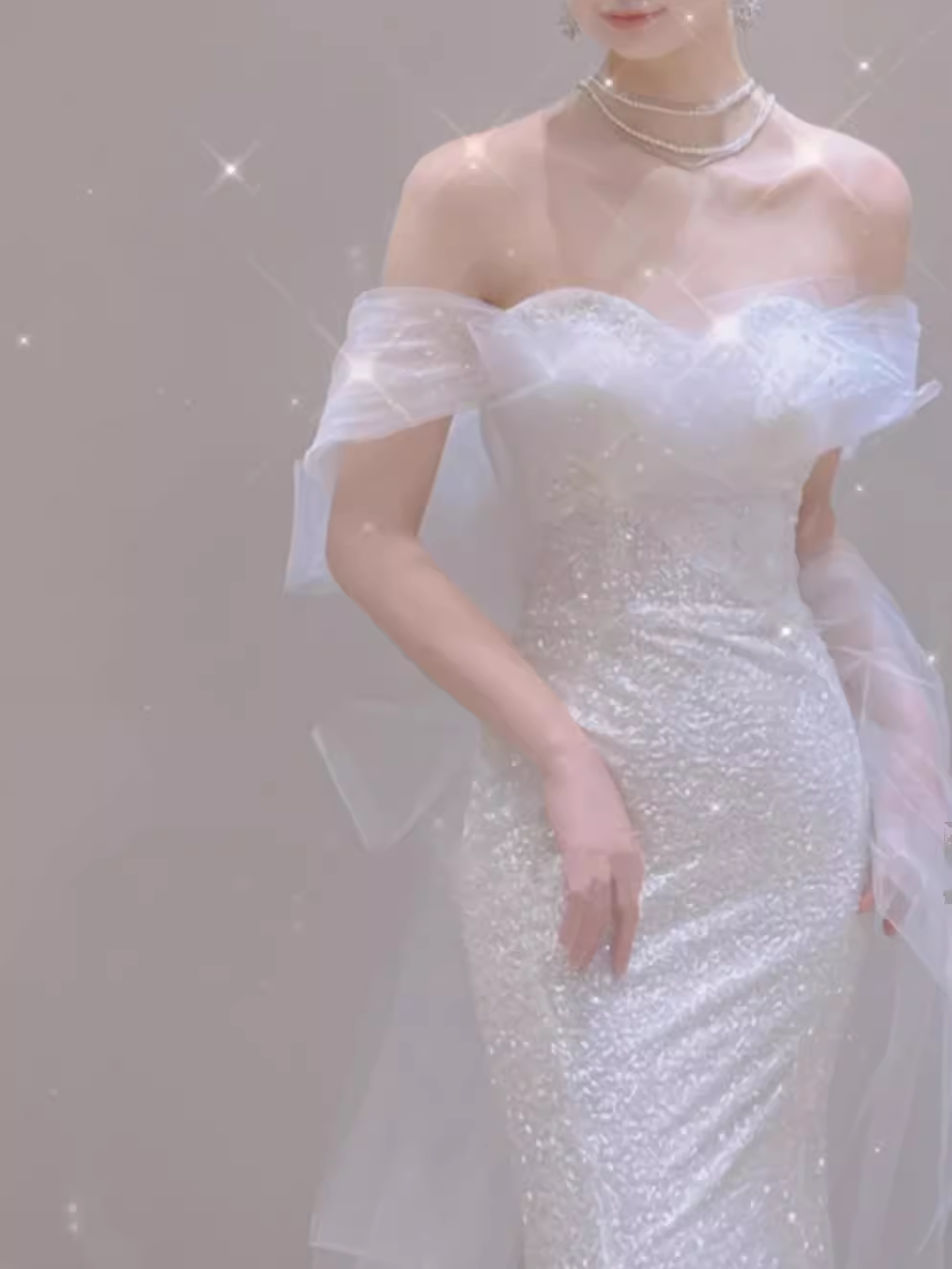 Fairytale Mermaid Off The Shoulder Short Sleeves Sequin Wedding Dresses