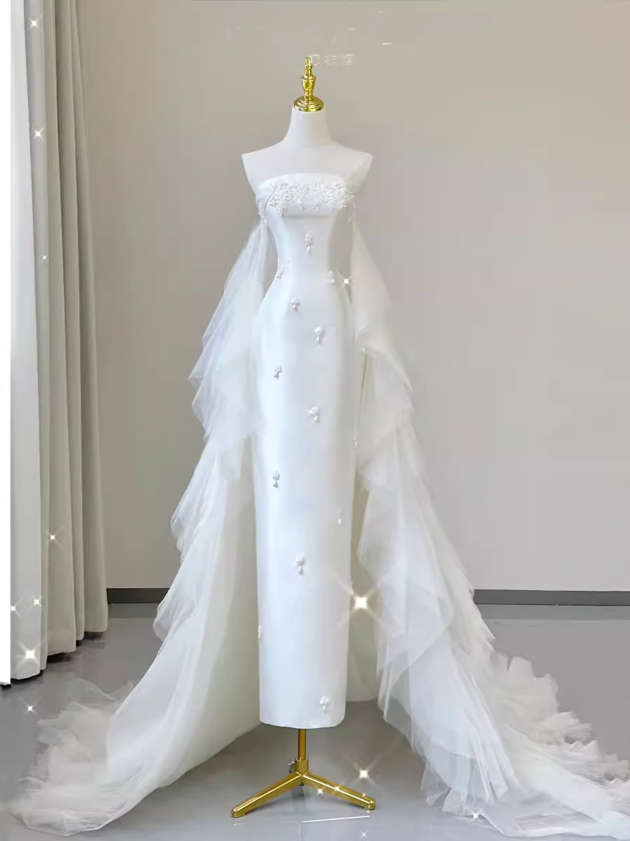 Fairytale Mermaid Strapless Satin White Wedding Dresses