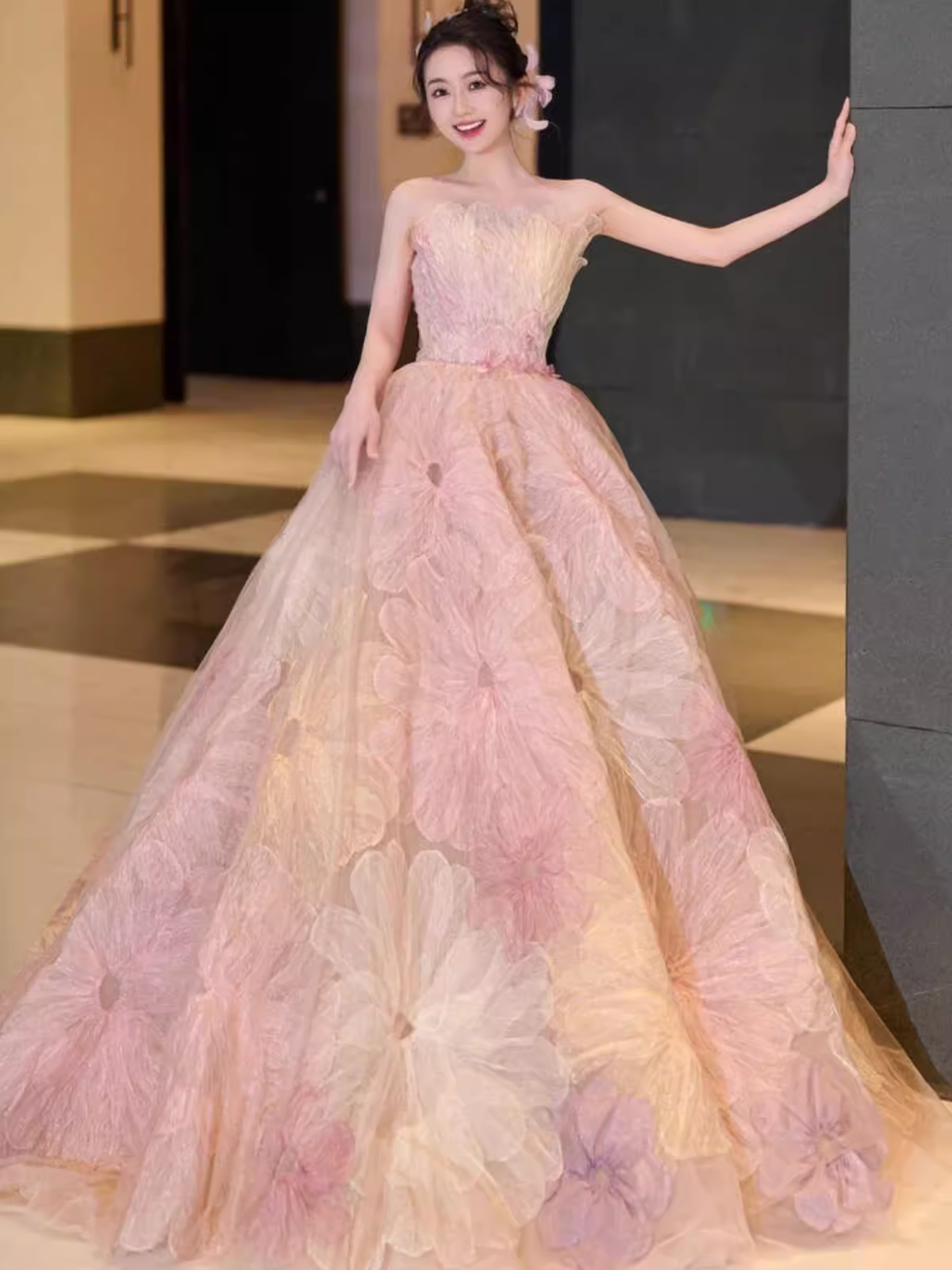 Fairytale Ball Gown Strapless Lace Pink Floral Wedding Dresses